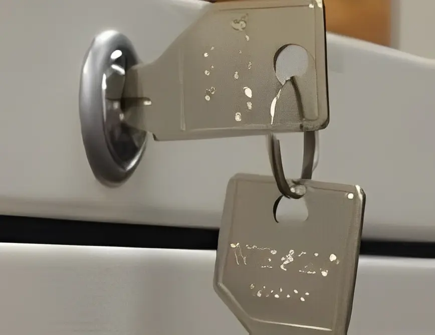 Key in lock with keychain attached.