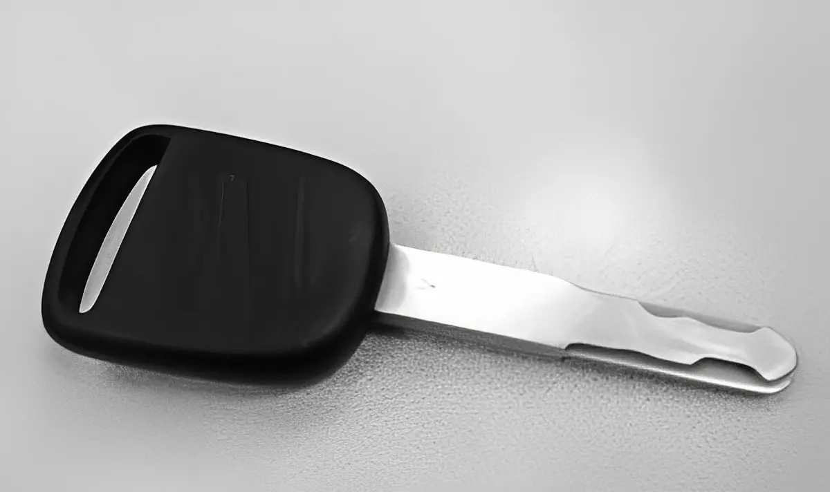 Car key with black plastic head.