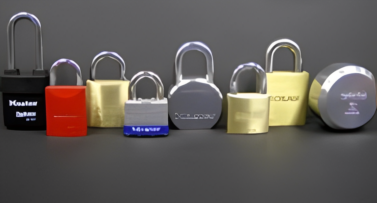 Various colored padlocks on a gray background.