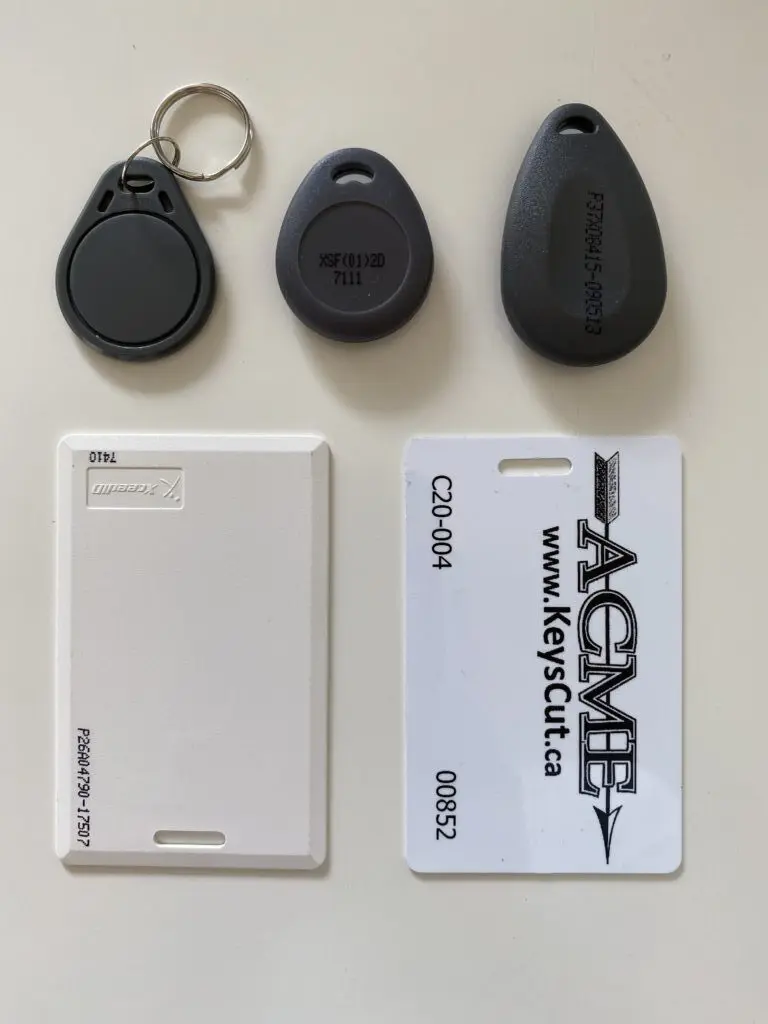 Key fobs and access cards on display.