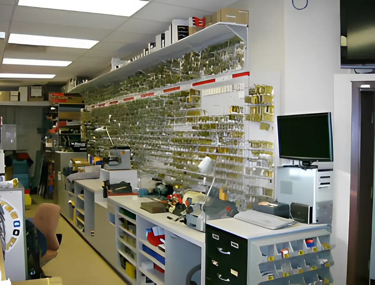 Key cutting shop interior with equipment.